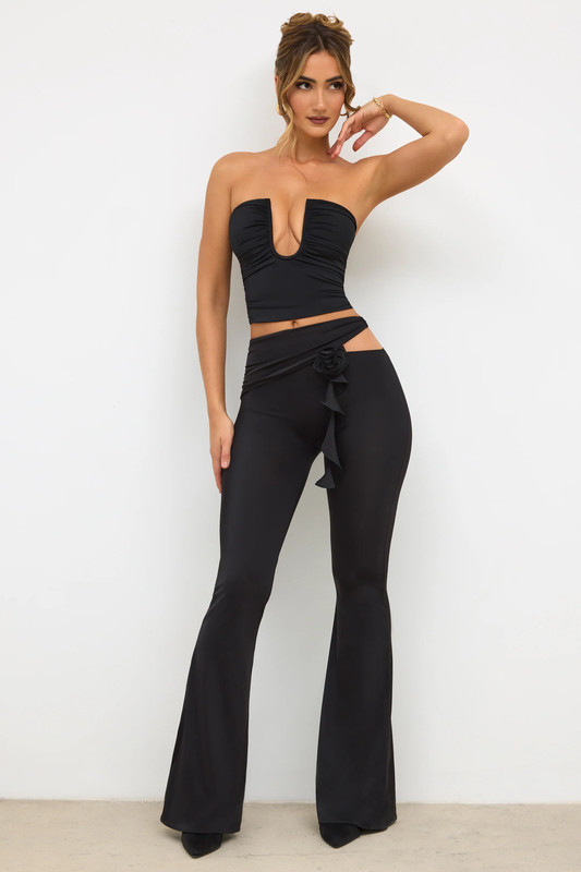 Petite Premium Jersey Rose Detail Mid-Rise Flare Trousers in Black - UK Size:10